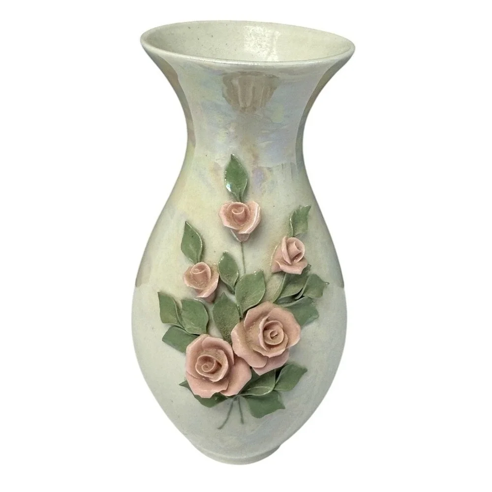Vintage Floral Vase Iridescent Ceramic Roses Embossed Flower Bud‎ Vase Decor